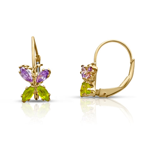 Lab-grown Amethyst and Peridote Butterfly Earrings 14K Yellow Gold