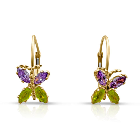 Lab-grown Amethyst and Peridote Butterfly Earrings 14K Yellow Gold
