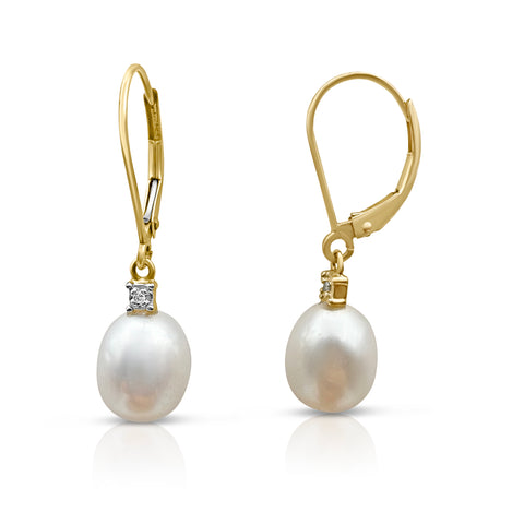 Pearl Earrings 0.01ctw  Diamond Accents 10K Yellow Gold