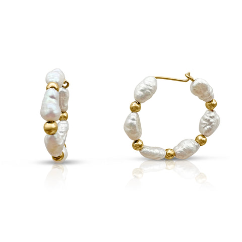 Pearl Hoops Earrings 14K Yellow Gold
