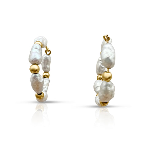 Pearl Hoops Earrings 14K Yellow Gold