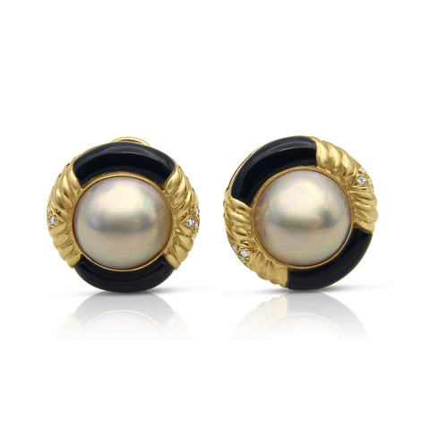 Pearl and Onyx Gold Stud Earring 1/4ctw Diamond Accents 14K Yellow Gold