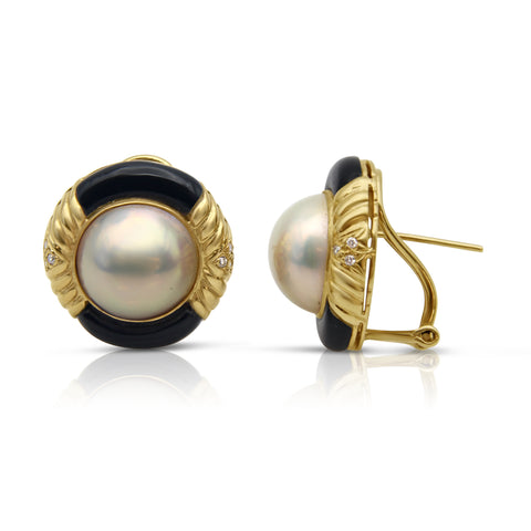 Pearl and Onyx Gold Stud Earring 1/4ctw Diamond Accents 14K Yellow Gold