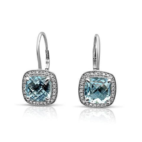 5.0 ctw Square Blue Topaz Earrings 1/4 ctw Diamond Accents 14K White Gold