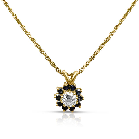 1/2 ct Diamond Flower Pendant Necklace 1/4 ctw Sapphire Accents 14K Yellow Gold 20"