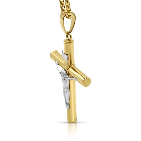 Box Chain Cross Pendant Necklace 14K Yellow Gold 24"
