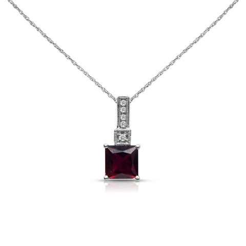 2 Carat Princess-Cut Garnet Pendant Necklace 1/4 ctw Diamond Accents 14K White Gold 16