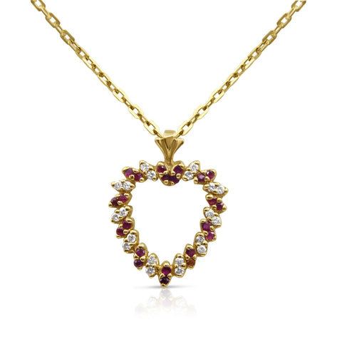 1/10 ctw Ruby Heart Pendant Necklace 1/10 ctw Diamond Accents 18K Yellow Gold 16"