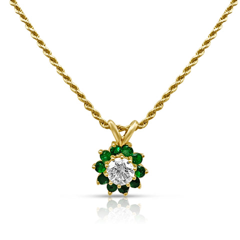 1/2 Ct Diamond Pendant Necklace 1/4 ctw Emerald Accents 14K Yellow Gold 20"