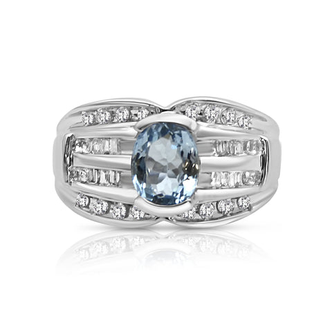 1.0 ctw Aquamarine Ring 1/2 ctw Diamod Accents 14K White Gold 7.75