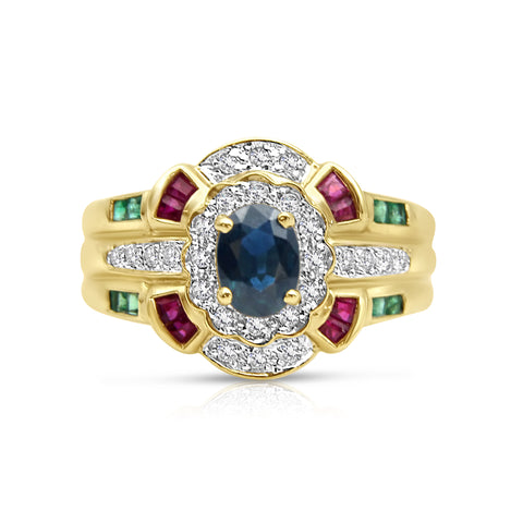 3/4 Ct Sapphire 1/4 ctw Ruby 1/4 ctw Emerald Ring 1/4 ctw Diamond Accents 14K Yellow Gold 7.5