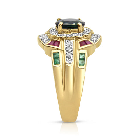 3/4 Ct Sapphire 1/4 ctw Ruby 1/4 ctw Emerald Ring 1/4 ctw Diamond Accents 14K Yellow Gold 7.5