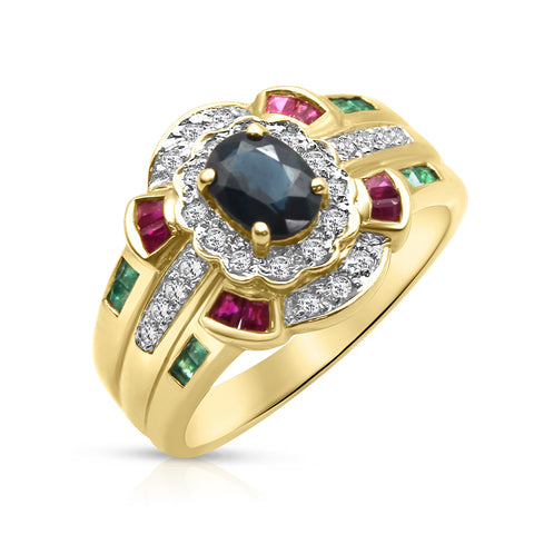 3/4 Ct Sapphire 1/4 ctw Ruby 1/4 ctw Emerald Ring 1/4 ctw Diamond Accents 14K Yellow Gold 7.5