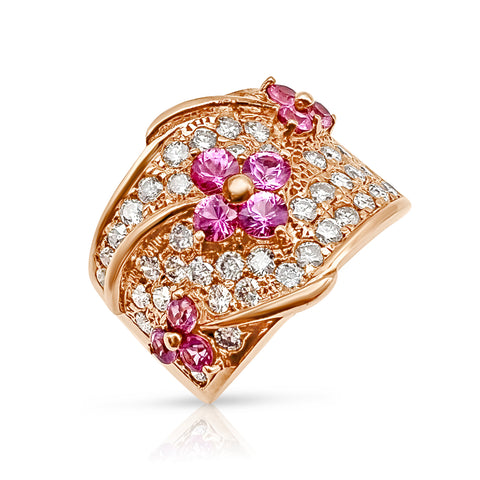1 1/4 ctw Pink Ruby Flower Fashion Ring 1 1/4 ctw Diamond Accents 18K Rose Gold 8