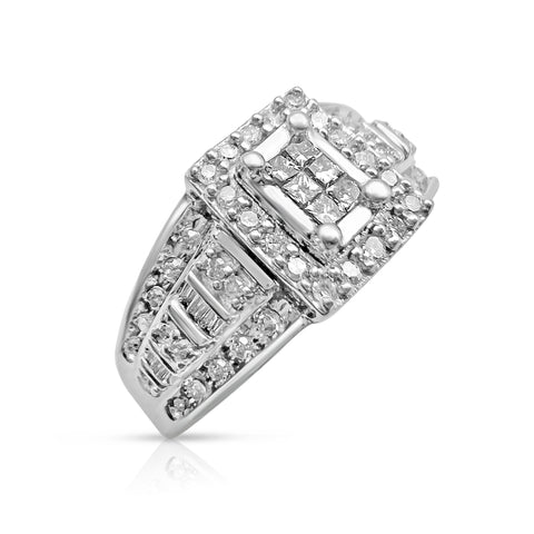 3/4 ctw Princess Baguette Round Cut Diamond Fashion Ring 10K White Gold 7