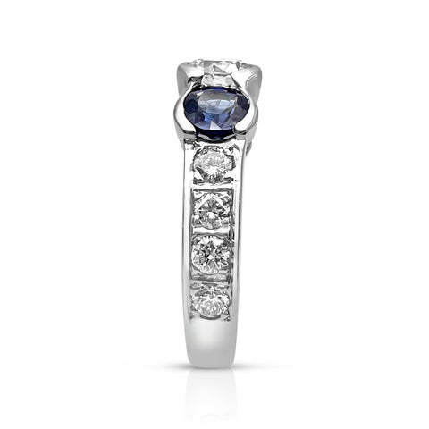 Women's 3/4 ctw Diamond 9/10 ctw Sapphire Ring 1/2 ct Center Stone Diamond 14K White Gold 5.5