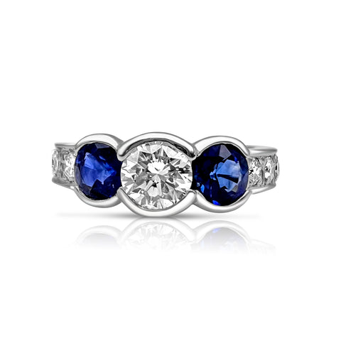 Women's 3/4 ctw Diamond 9/10 ctw Sapphire Ring 1/2 ct Center Stone Diamond 14K White Gold 5.5