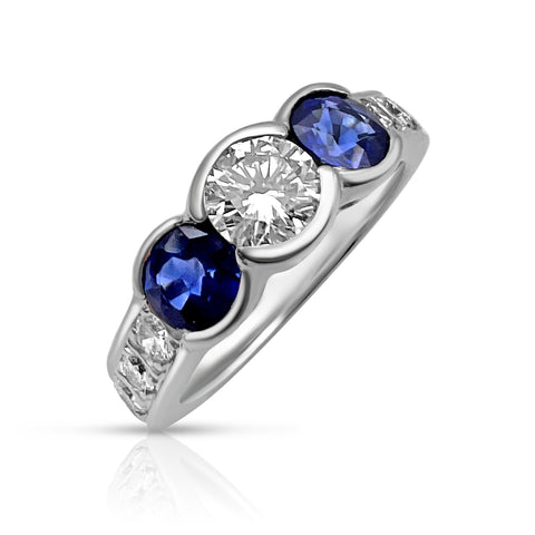 Women's 3/4 ctw Diamond 9/10 ctw Sapphire Ring 1/2 ct Center Stone Diamond 14K White Gold 5.5